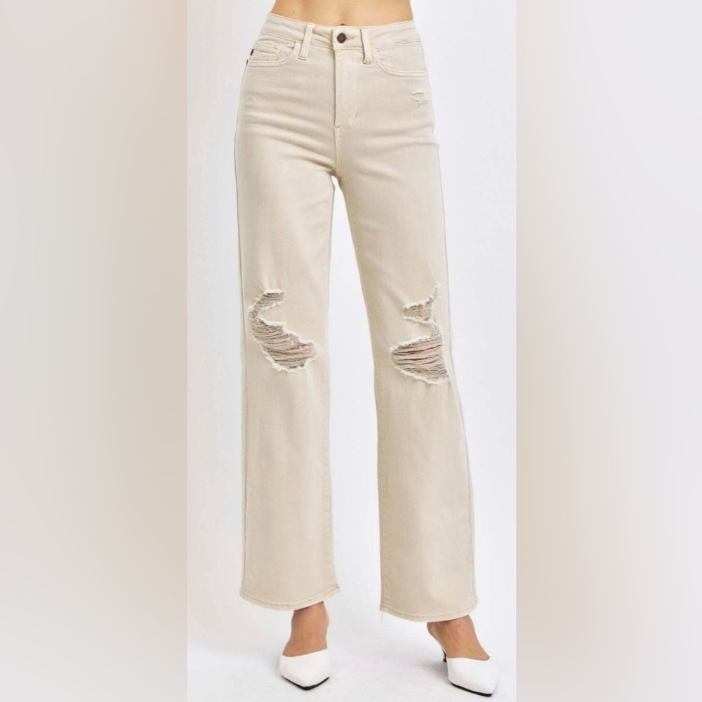 Judy Blue High Waisted‎ Distressed Wide Leg Bone White Denim Jeans 7/28 JB88823